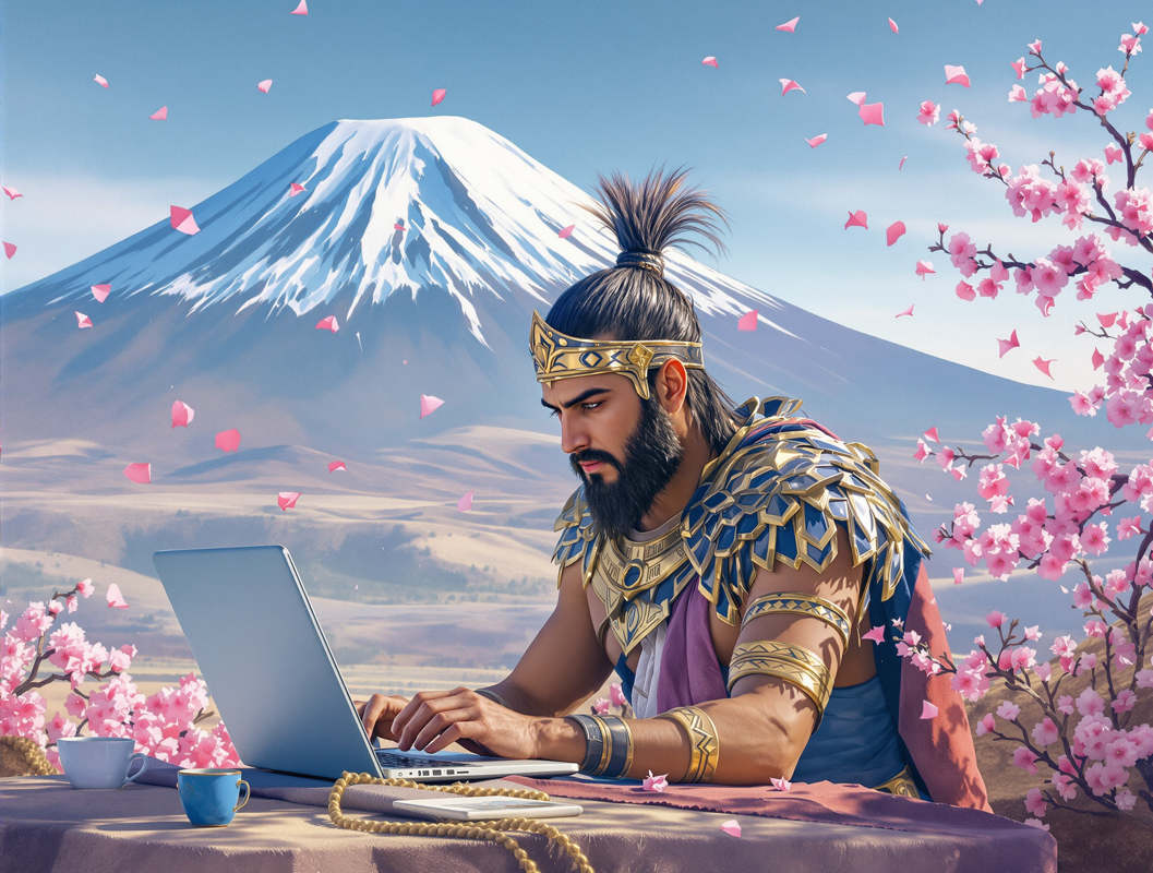 Historical warrior with laptop